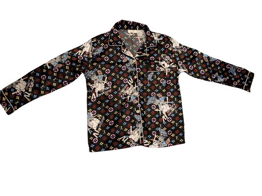 Streetwear Mashup Pajama Shirt - KAWS Jordan LV Style Print - Size L/XL - Black
