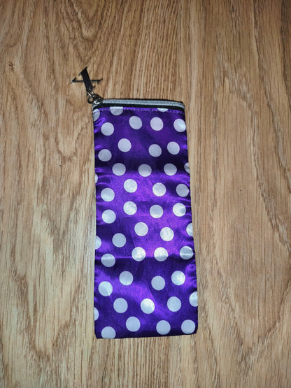 Purple Satin Polka Dot Multi-Purpose Zipper Pouch with Initial Charm