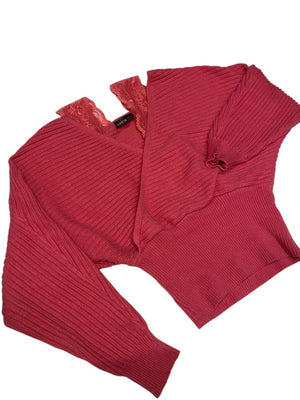 SHEIN rosa gerippter Strickpullover mit Wickeloptik, Spitzenbesatz, V-Ausschnitt, langen Ärmeln, Cropped-Schnitt, S