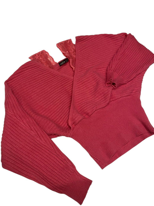 SHEIN Pink Ribbed Knit Surplice Sweater Lace Trim V-Neck Long Sleeve Crop Top S