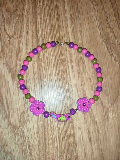 Colorful Beaded Bird & Flower Charm Necklace – Pink, Purple, Olive Green