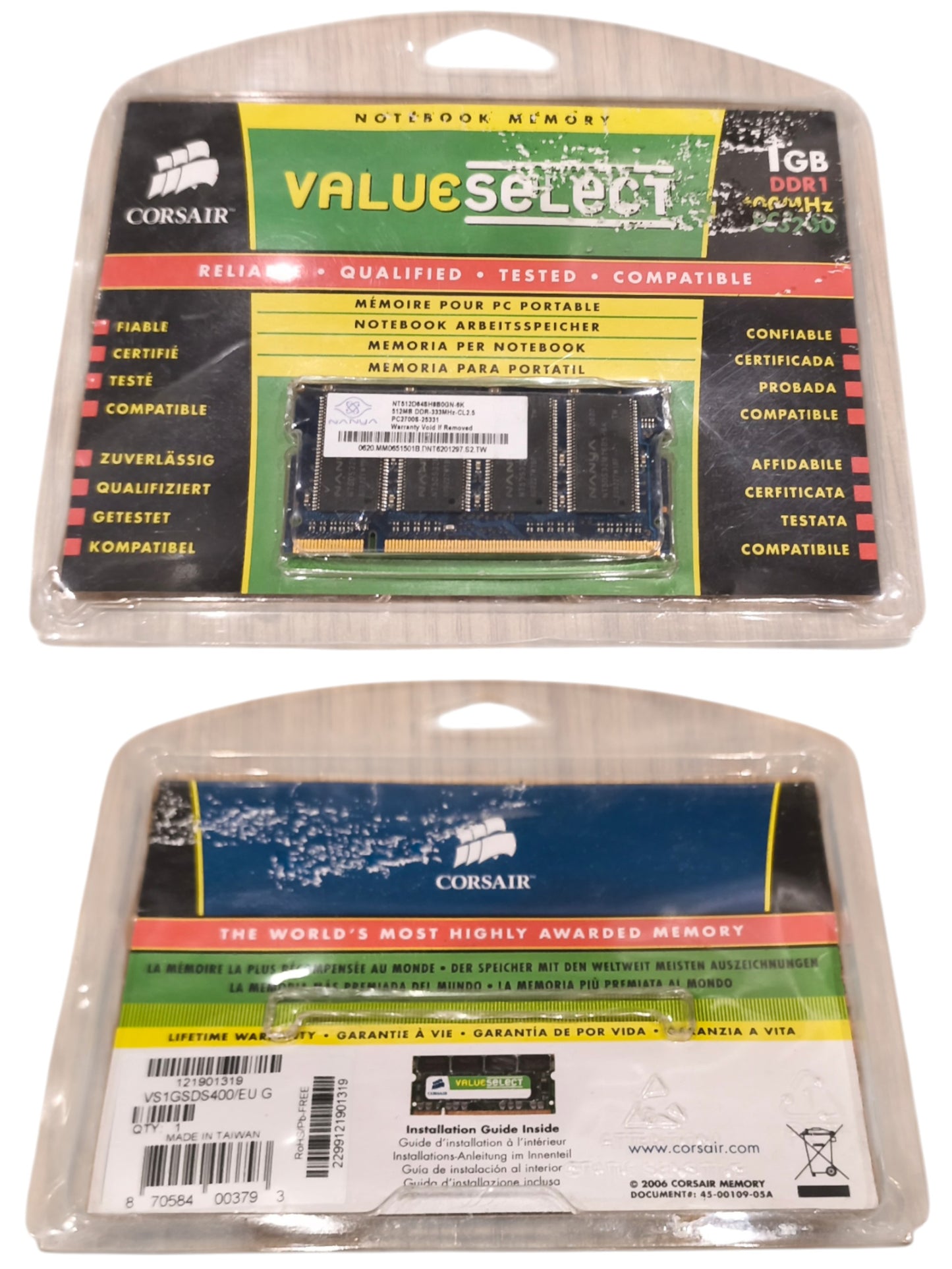 Corsair ValueSelect 512MB DDR 400MHz PC3200 SODIMM Laptop RAM VS1GSDS400/EU G