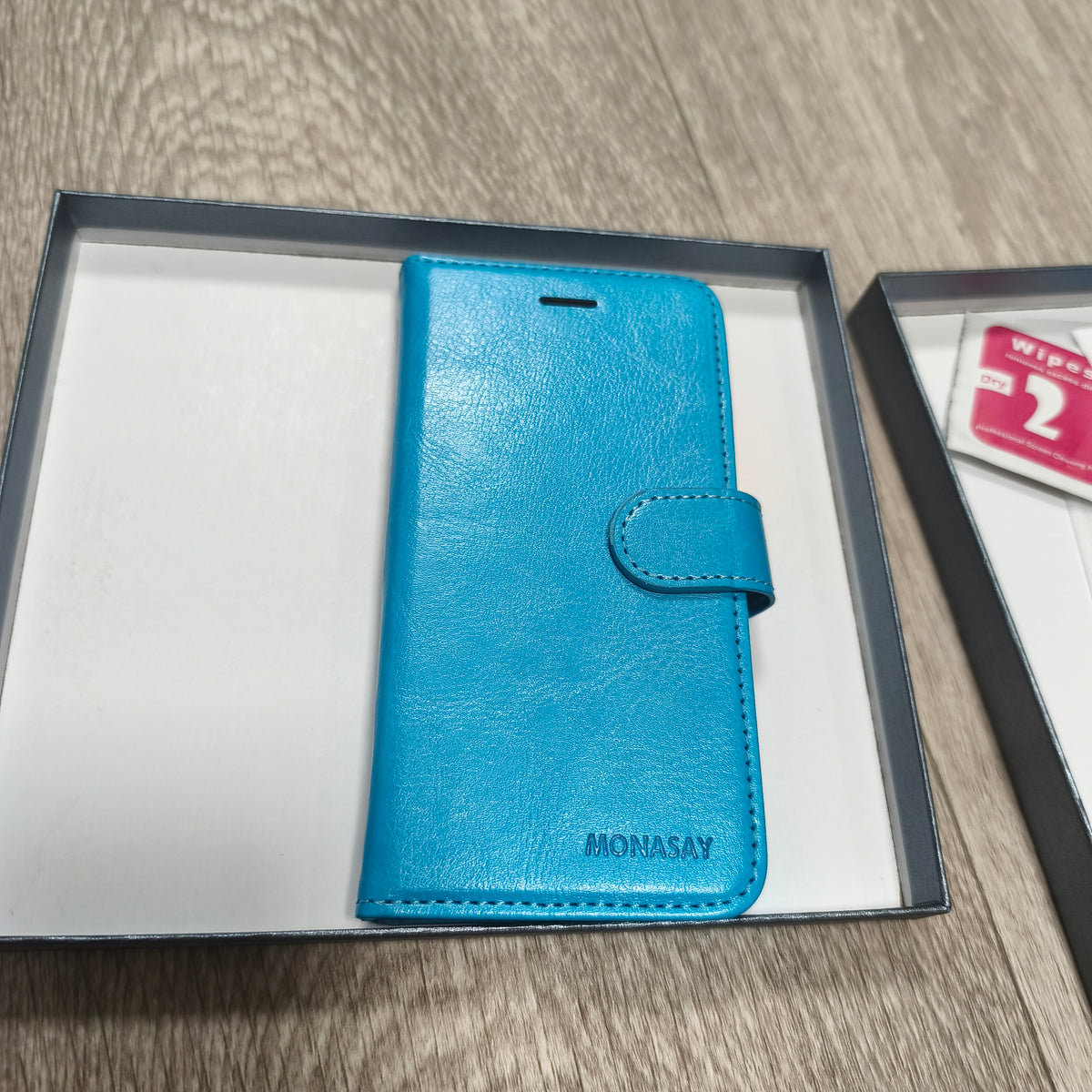 MONASAY Blue Leather Flip Wallet Phone Case Cover with Screen Protector Box