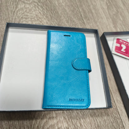MONASAY Blue Leather Flip Wallet Phone Case Cover with Screen Protector Box