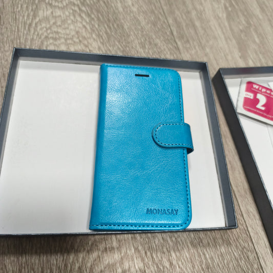 MONASAY Blue Leather Flip Wallet Phone Case Cover with Screen Protector Box