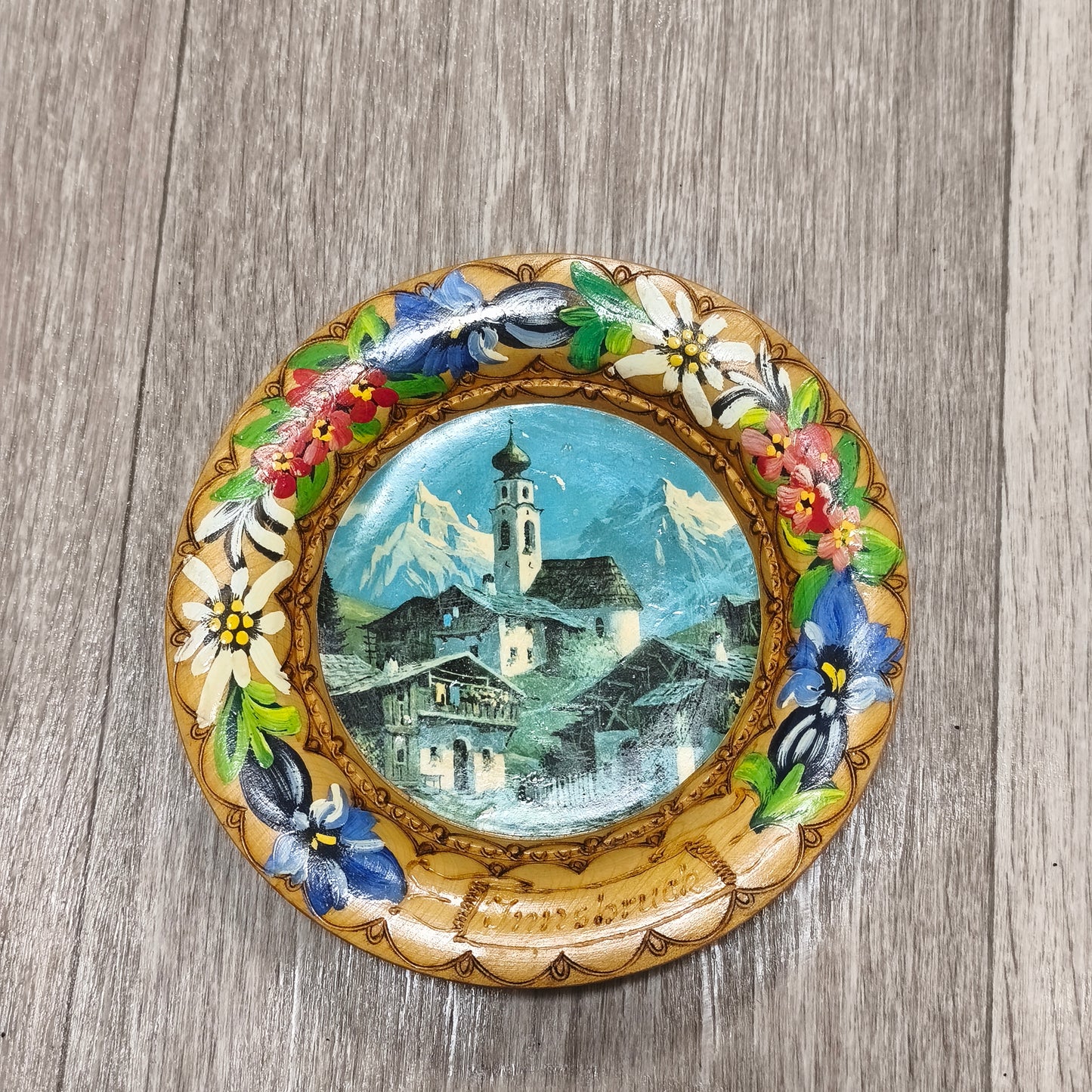 Vintage Hand Painted Wooden Wall Plate Innsbruck Alpine Landscape Flowers
