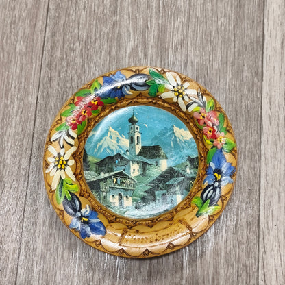 Vintage Hand Painted Wooden Wall Plate Innsbruck Alpine Landscape Flowers