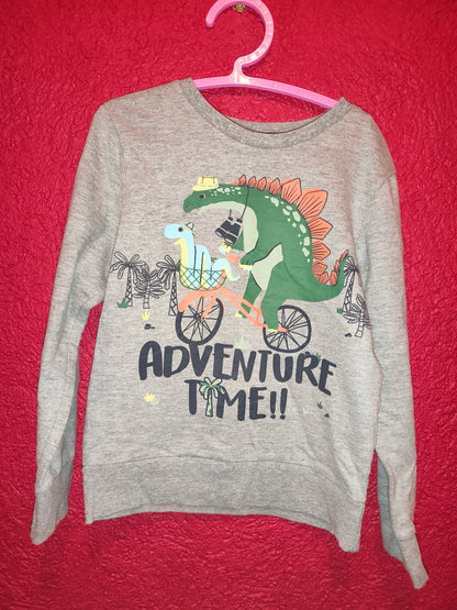 Little Kids Boys Grey "Adventure Time!!" Dinosaur Riding Bicycle Sweatshirt – Size 128 cm (7-8 Years)