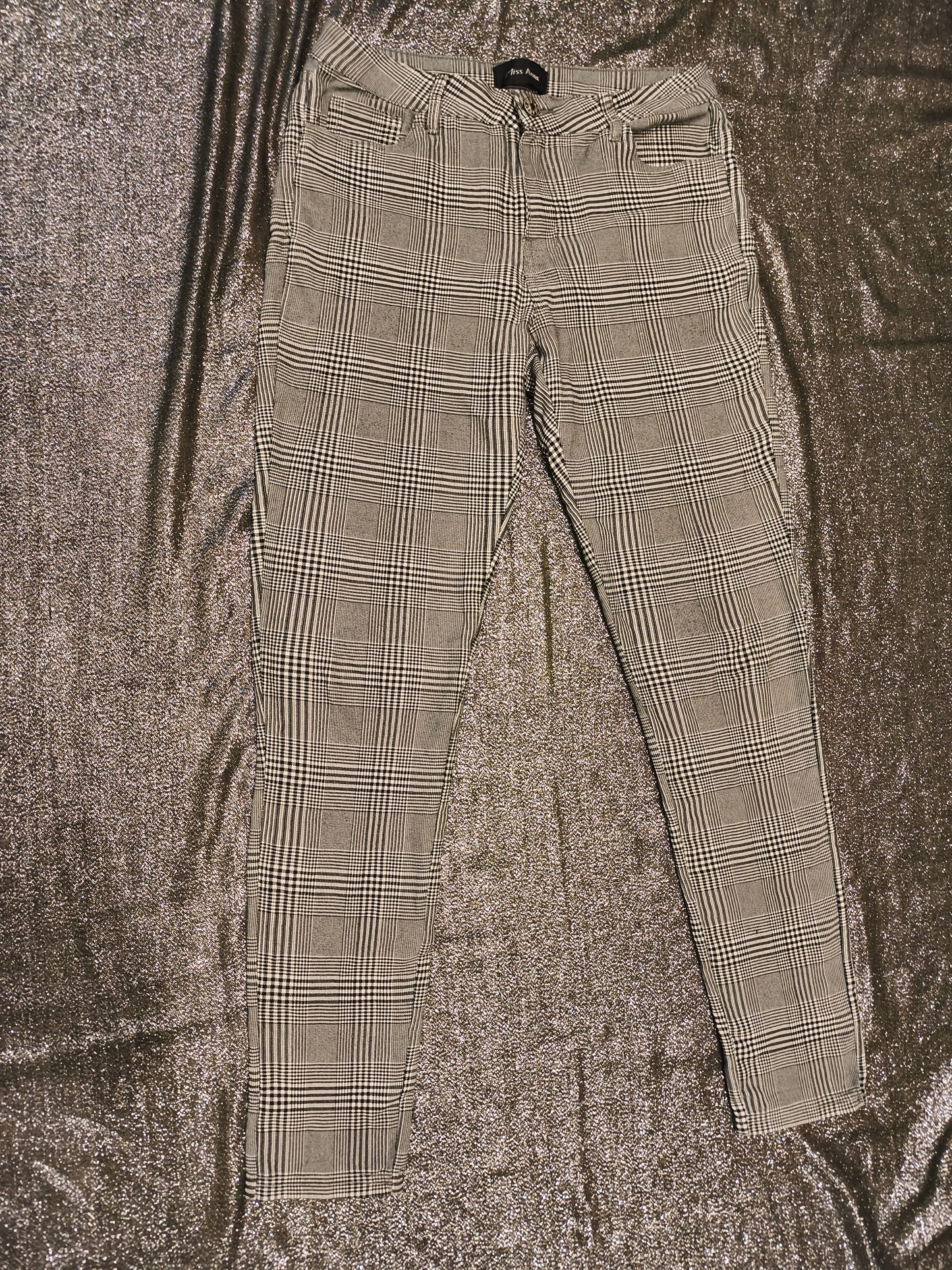 Miss Anna Glen Check Skinny Pants Black White Plaid Trousers Size 42 (US 10/12)