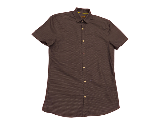 Monton Men's Short Sleeve Button Down Shirt Size S Small Slim Fit Navy Micro Pat