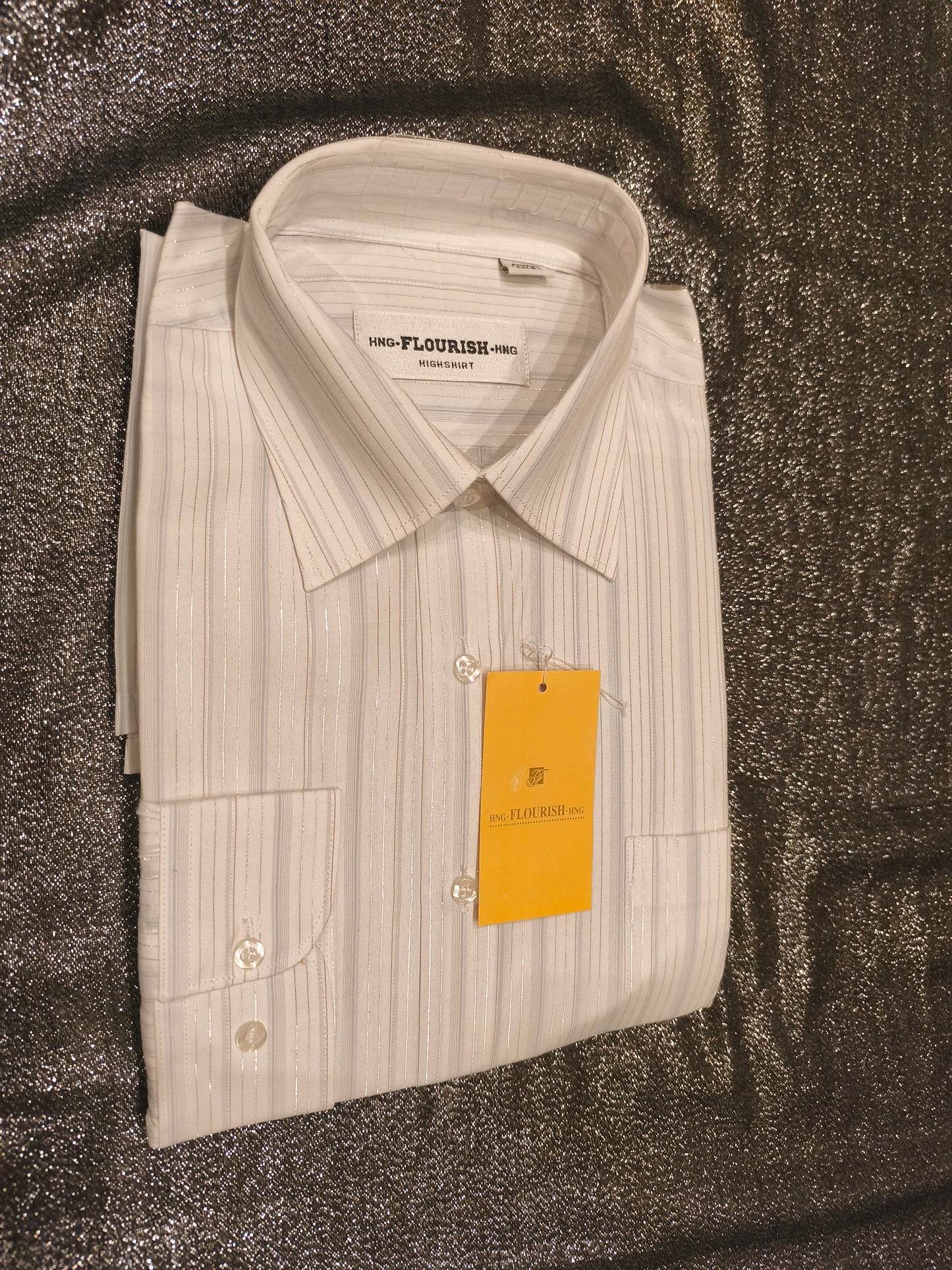 HNG FLOURISH High Shirt Men's Size 40 (Medium) White Metallic Silver Pinstripe