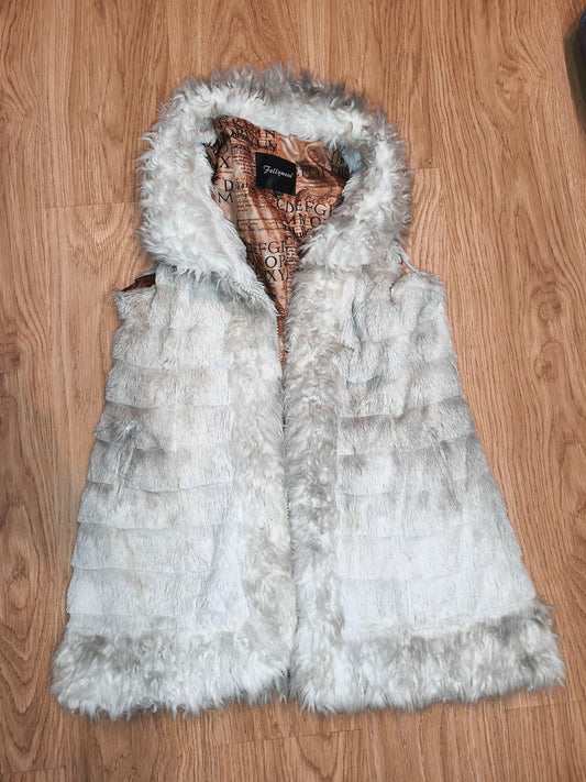 Vintage Fellymoon Tiered Faux Fur Hooded Vest - Alphabet Satin Lining (Size XXL)