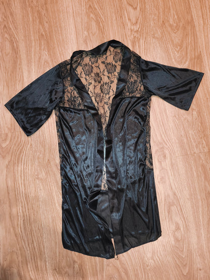 Vintage Style Black Satin & Lace Sheer Back Robe / Kimono Lingerie – Size M