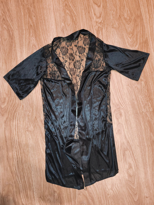Vintage Style Black Satin & Lace Sheer Back Robe / Kimono Lingerie – Size M
