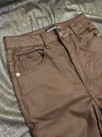 PrettyLittleThing Chocolate Brown Coated Skinny Jeans - UK 10 / US 6 - High Rise