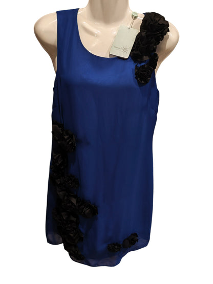Almost Famous London Blue Shift Dress – Black 3D Floral Rosette Accents Size 10
