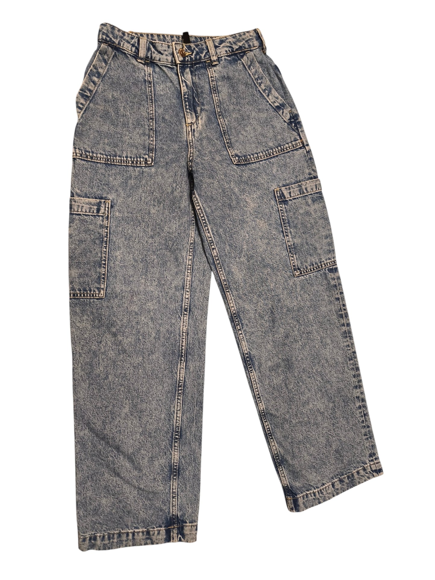 H&M Divided Acid Wash Wide Leg Carpenter Jeans Cargo Utility Denim Sz 4 (EUR 36)