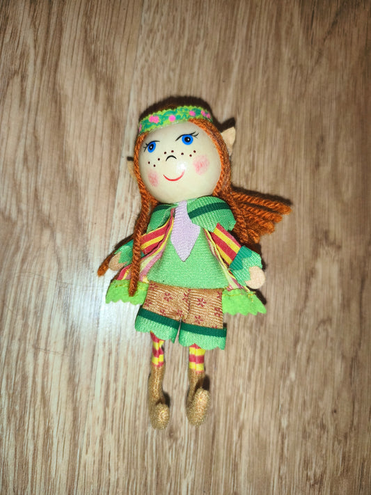 Vintage Wooden Head Elf Pixie Doll – Retro Fabric & Yarn Collectible Figure