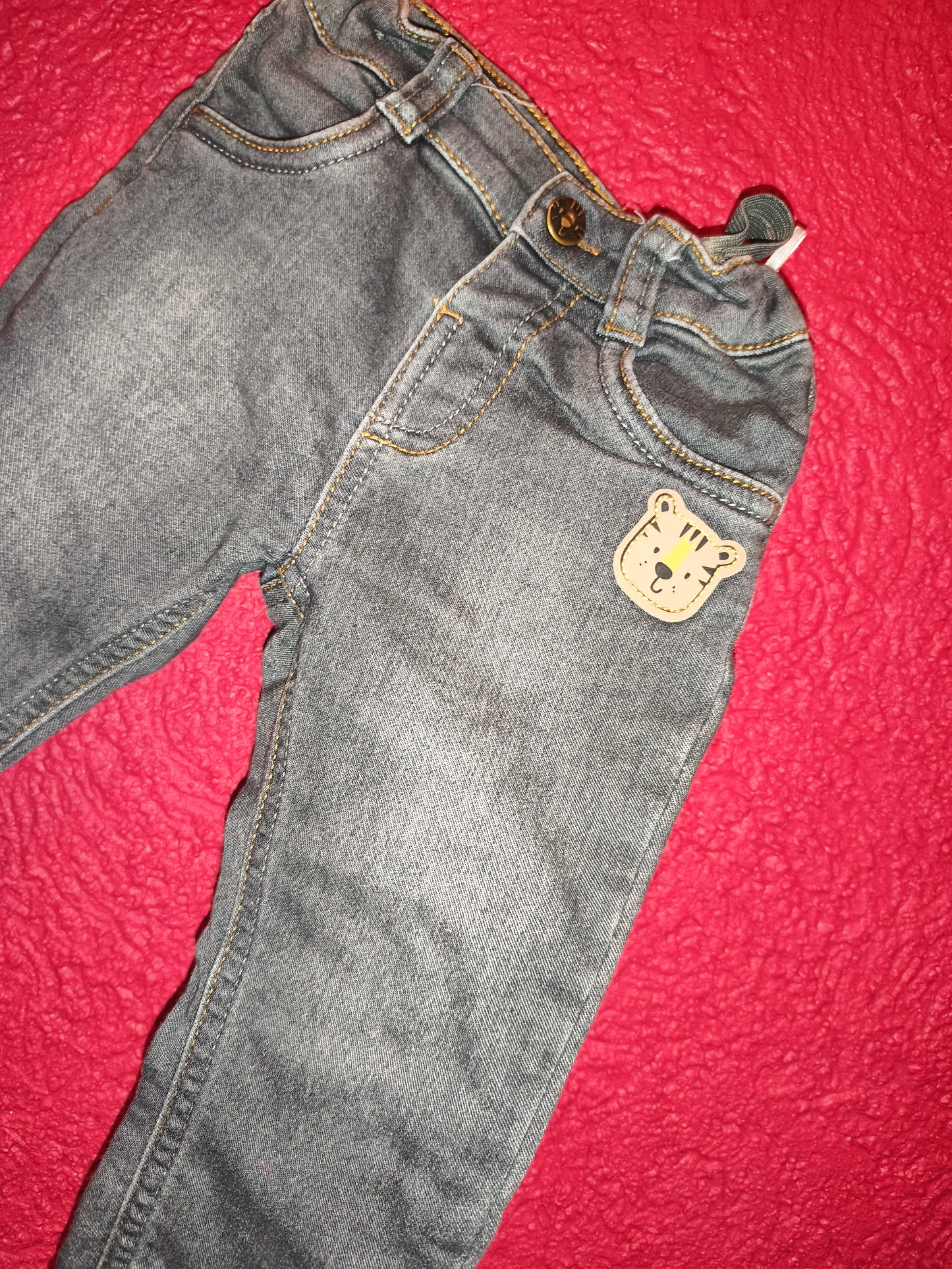 Baby Club C&A Grey Denim Jeans with Cute Tiger Patch – Size 80 (9-12 Months)