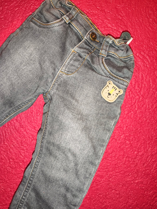 Baby Club C&A Grey Denim Jeans with Cute Tiger Patch – Size 80 (9-12 Months)