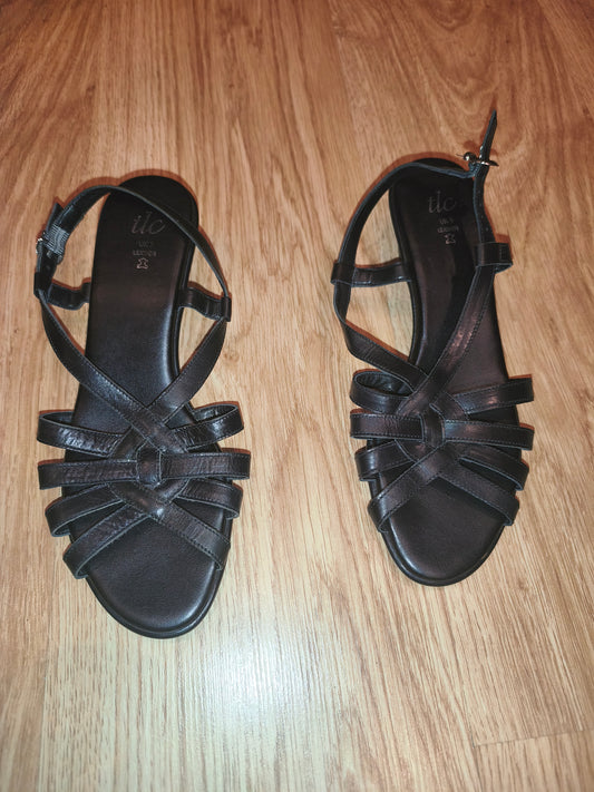 TLC Women's Black Real Leather Strappy Low Wedge Sandals – Size EU 38 / UK 5
