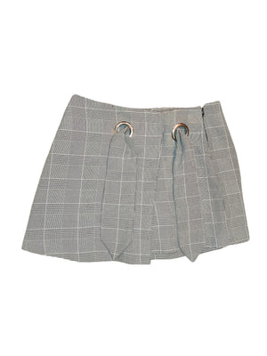 Women's Grey Plaid Wrap-Style Mini Skort with Ring Detail (Defective Zipper)