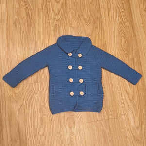 Handmade Blue Crochet Double Breasted Cardigan Sweater Coat Jacket