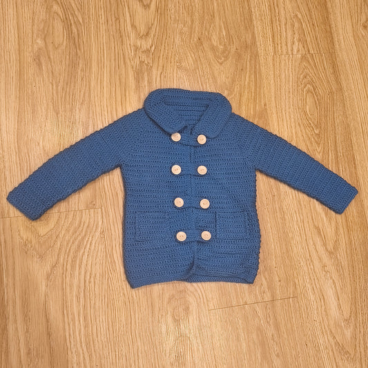 Handmade Blue Crochet Double Breasted Cardigan Sweater Coat Jacket