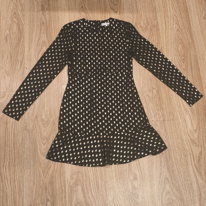 Warehouse Black Gold Metallic Polka Dot Long Sleeve Ruffle Mini Dress UK 6 US 2Warehouse Black Gold Metallic Polka Dot Long Sleeve Ruffle Mini Dress UK 6 US 2