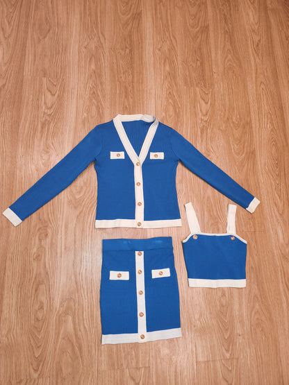 Knit 3 Piece Skirt Set Royal Blue White Cardigan Crop Top Mini Skirt Med/Small