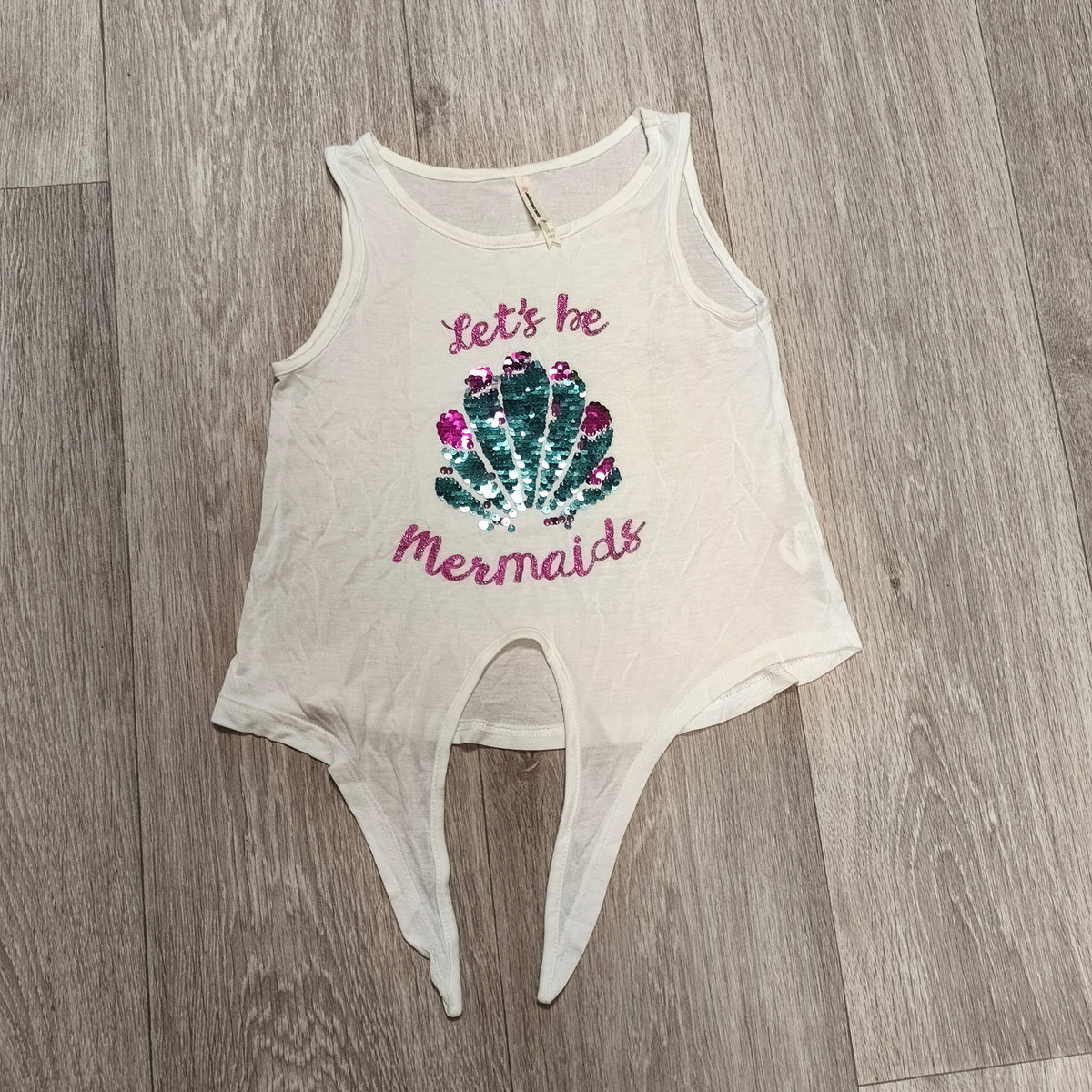 Young Dimension Girls Mermaid Tank Top 3-4Y White Sequin Shell Tie Front