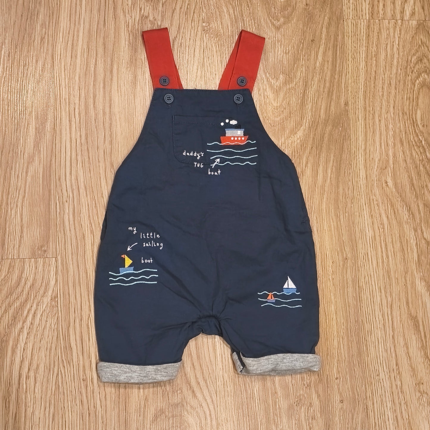 Mothercare Baby Boys Dungarees Romper 3-6 Months Navy Blue Nautical Boat