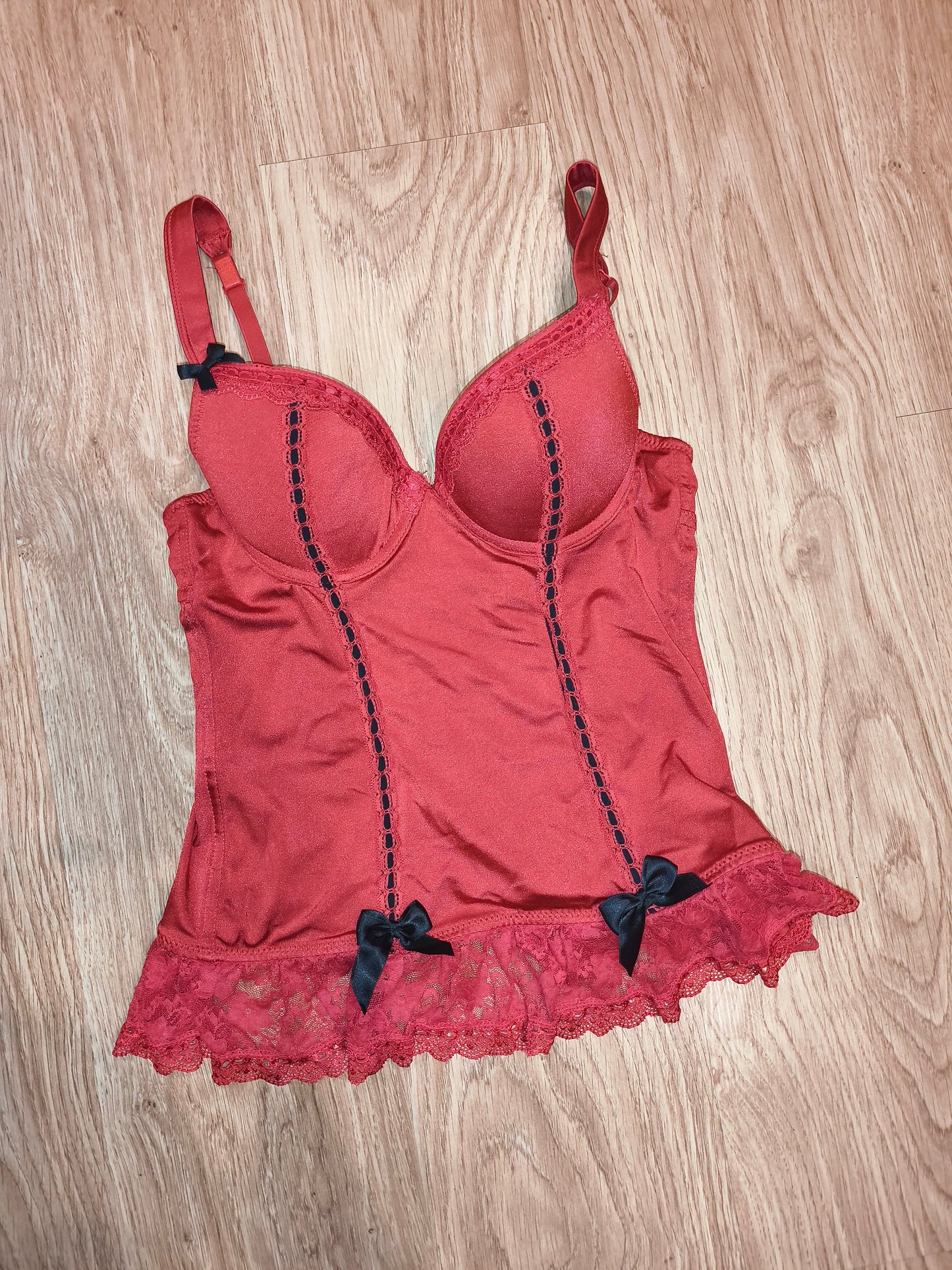 Lovehoney Lingerie Red Lace Corset Bustier Camisole – Black Bows & Hook-Eye Back, Size M