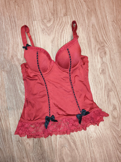 Lovehoney Lingerie Red Lace Corset Bustier Camisole – Black Bows & Hook-Eye Back, Size M