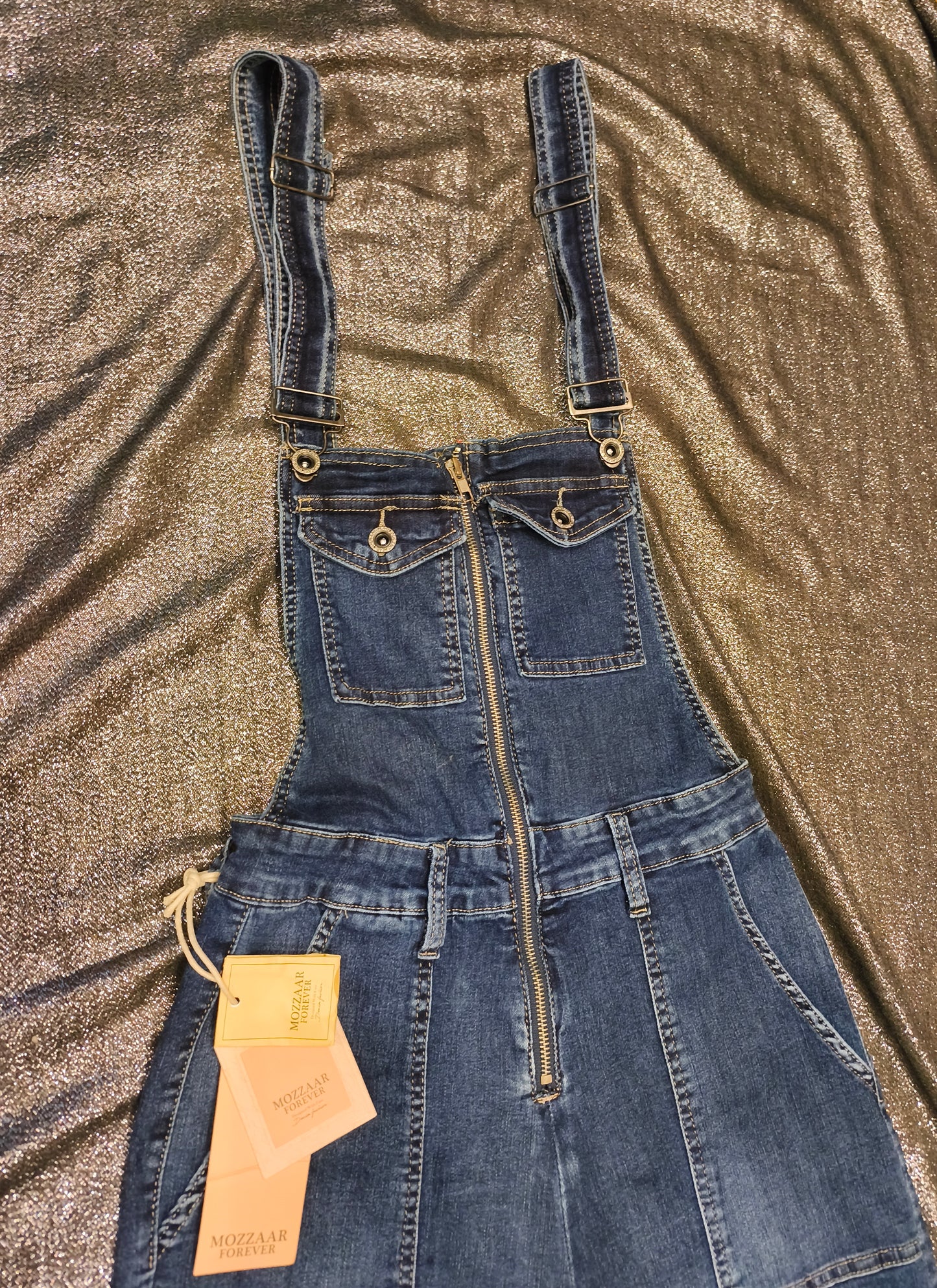 Mozzaar Forever Denim Overalls Jumpsuit Wide Leg Stretch Blue Bib Dungarees NWT