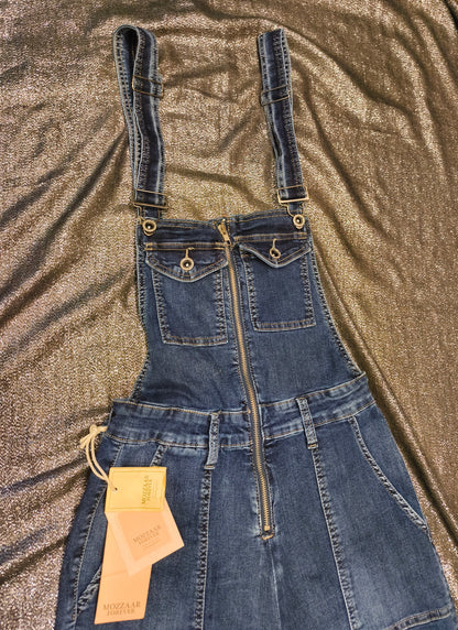 Mozzaar Forever Denim Overalls Jumpsuit Wide Leg Stretch Blue Bib Dungarees NWT