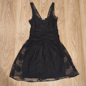 Laura Scott Black Lace Mini Dress V-Neck Lined Ruched Bodycon Party UK 12 D 38