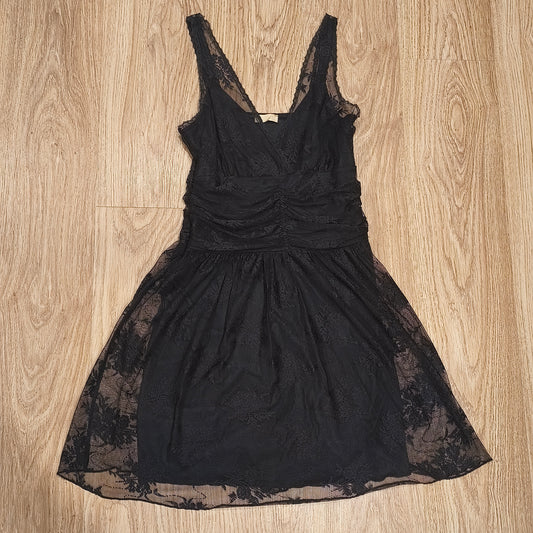 Laura Scott Black Lace Mini Dress V-Neck Lined Ruched Bodycon Party UK 12 D 38