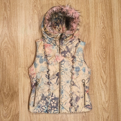 DAITE Womens Hooded Puffer Vest Faux Fur Trim Floral Skull Y2K Size UK 12 EU 38