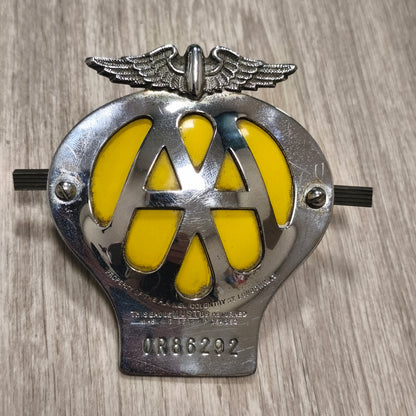 Vintage AA Automobile Association Car Grill Badge Stamped 0R86292 Chrome Yellow