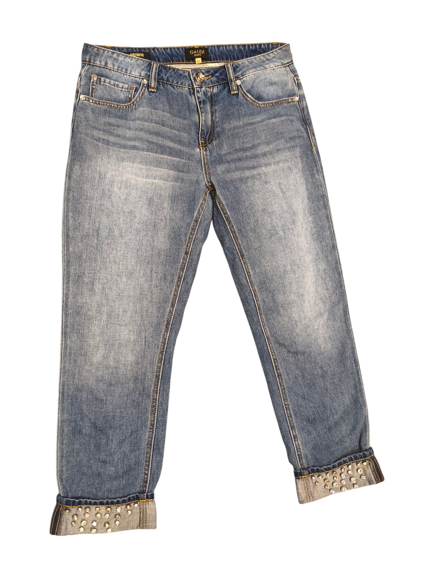 Gaudi Jeans Women's Sz 27 Blue Embellished Rhinestone Cuff Girlfriend Denim Jean