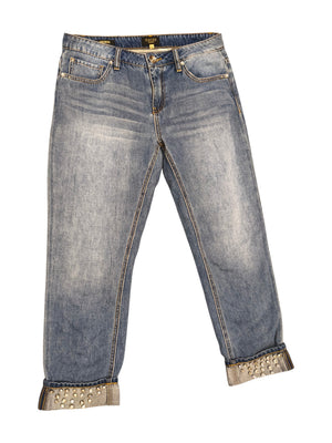 Gaudi Jeans Damenjeans, Größe 27, blau, mit Strassverzierung am Saum, Girlfriend-Schnitt