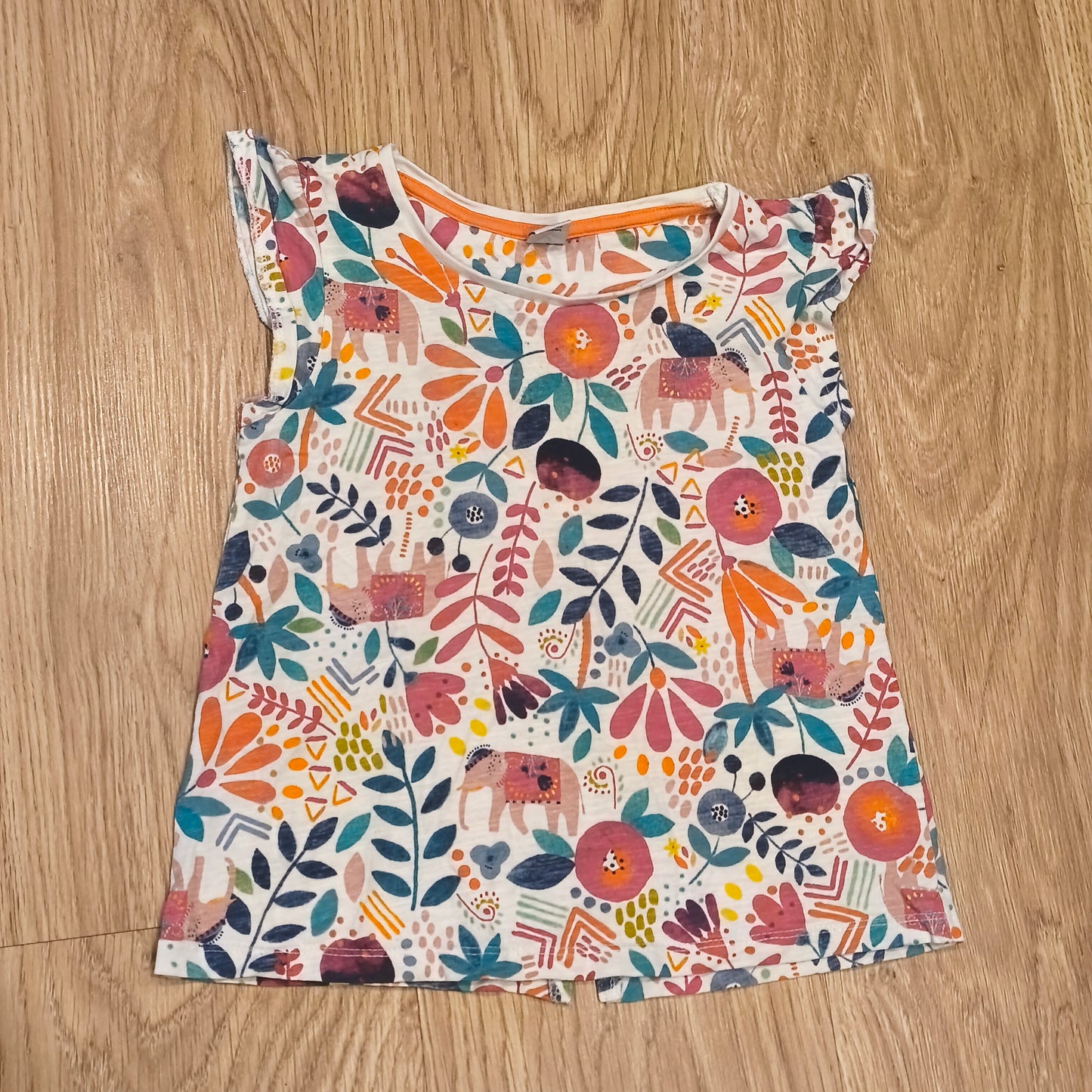 Tu Kids Girls Elephant Floral T-Shirt Top Flutter Sleeve Size 5-6 Yrs 110-116cm