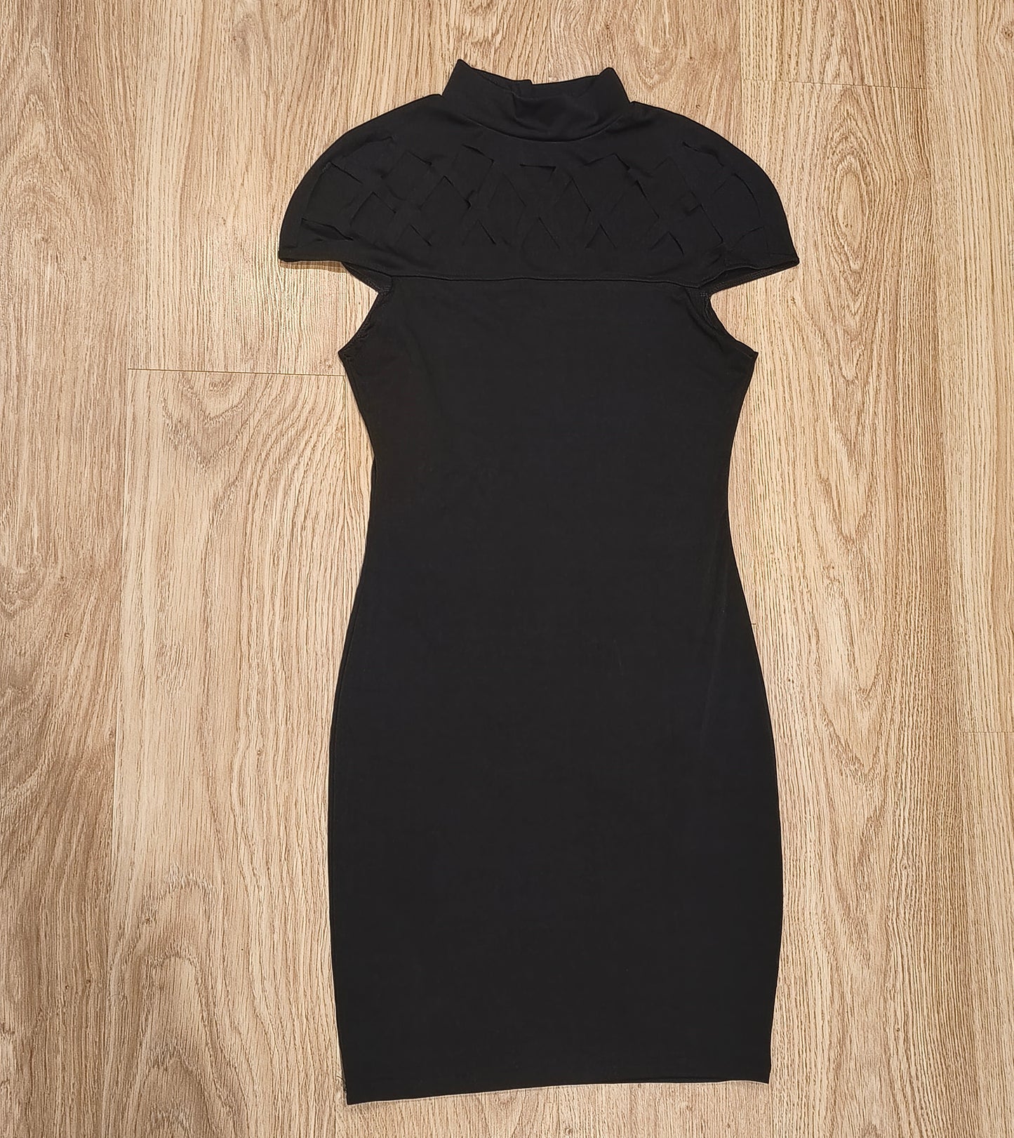 Women Black Bodycon Mini Dress Mock Neck Cutout Lattice Yoke Cap Sleeve Party S