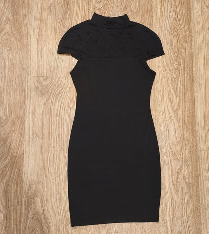 Women Black Bodycon Mini Dress Mock Neck Cutout Lattice Yoke Cap Sleeve Party S