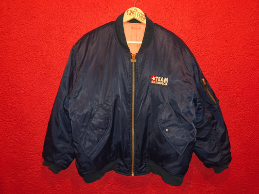 Classic 90s/Y2K bomber jacket featuring bold "Team Maximuscle" chest & back embroidery!