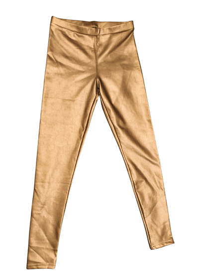 Gold Metallic Faux Leather Leggings - Shiny Liquid Foil Pants - Size S/36 - Flee