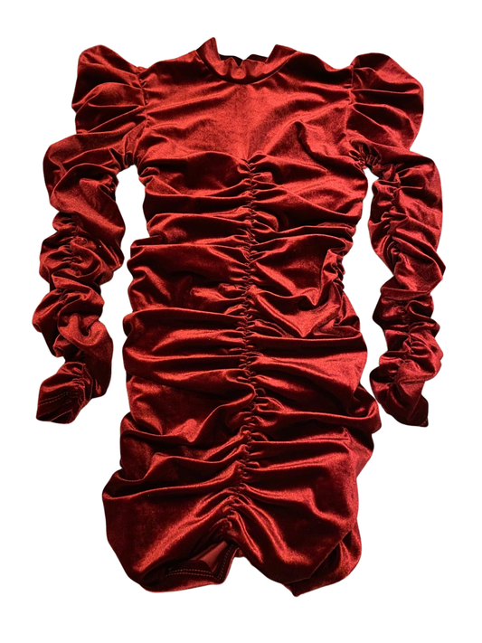 Made in Italy Red Velvet Ruched Mini Dress - Puff Shoulder Long Sleeve -Size S/M