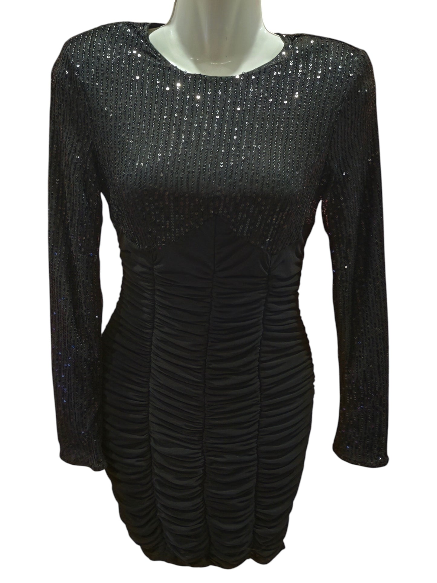 SHEIN BAE Black Sequin Ruched Bodycon Mini Dress Long Sleeve Size S Sparkly