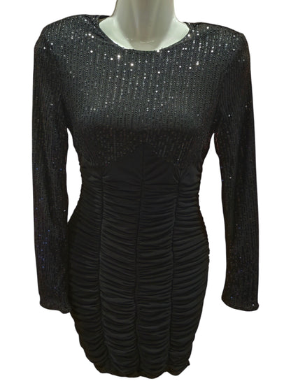 SHEIN BAE Black Sequin Ruched Bodycon Mini Dress Long Sleeve Size S Sparkly